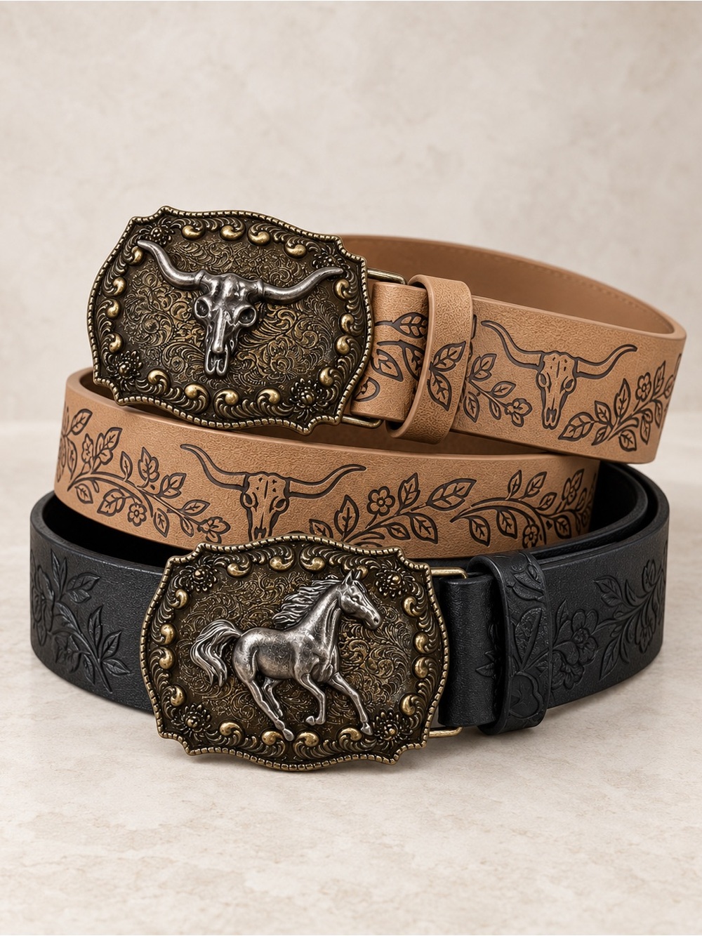 Western Tooled Leather Belt with Decorative Buckle - Tan